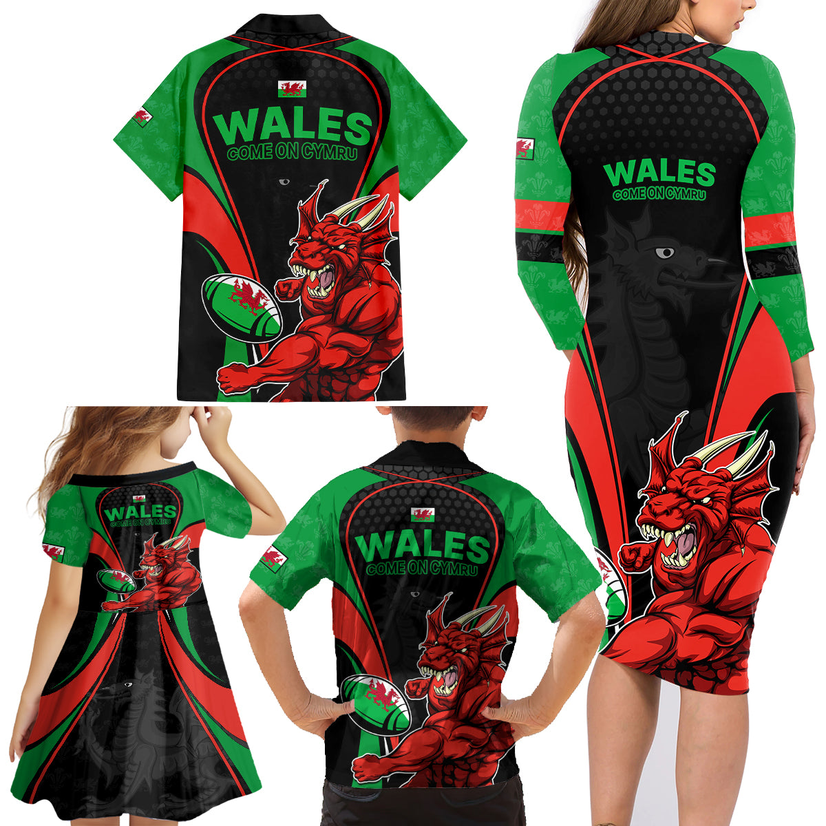 Wales Rugby Family Matching Long Sleeve Bodycon Dress and Hawaiian Shirt World Cup 2023 Dragon Mascot Come On Cymru LT9 - Wonder Print Shop