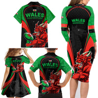 Wales Rugby Family Matching Long Sleeve Bodycon Dress and Hawaiian Shirt World Cup 2023 Dragon Mascot Come On Cymru LT9 - Wonder Print Shop