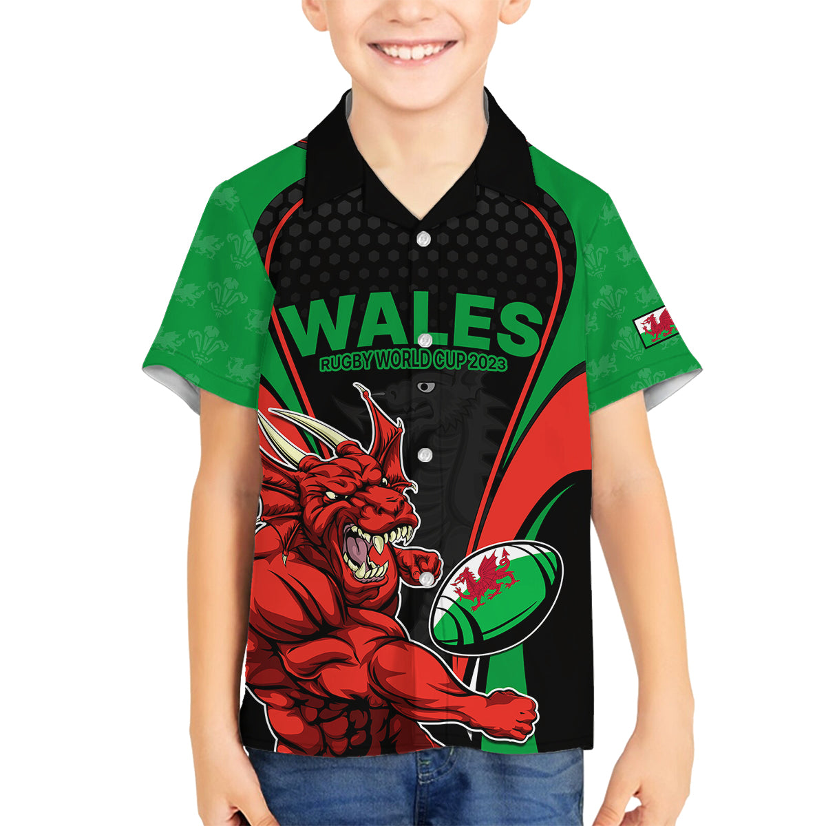 Wales Rugby Family Matching Long Sleeve Bodycon Dress and Hawaiian Shirt World Cup 2023 Dragon Mascot Come On Cymru LT9 - Wonder Print Shop