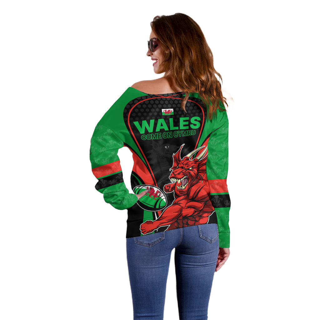 Wales Rugby Off Shoulder Sweater World Cup 2023 Dragon Mascot Come On Cymru - Wonder Print Shop