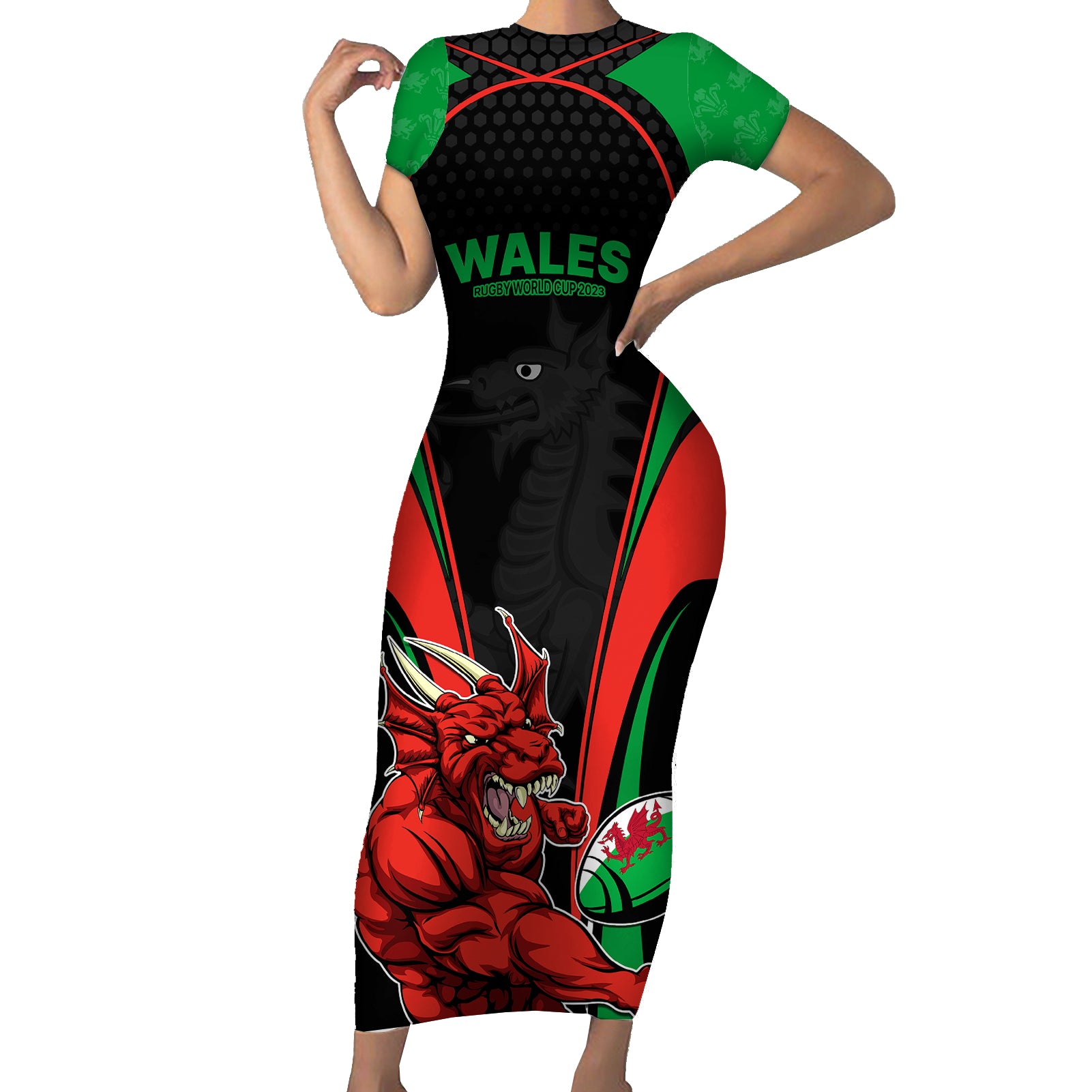 Wales Rugby Short Sleeve Bodycon Dress World Cup 2023 Dragon Mascot Come On Cymru - Wonder Print Shop