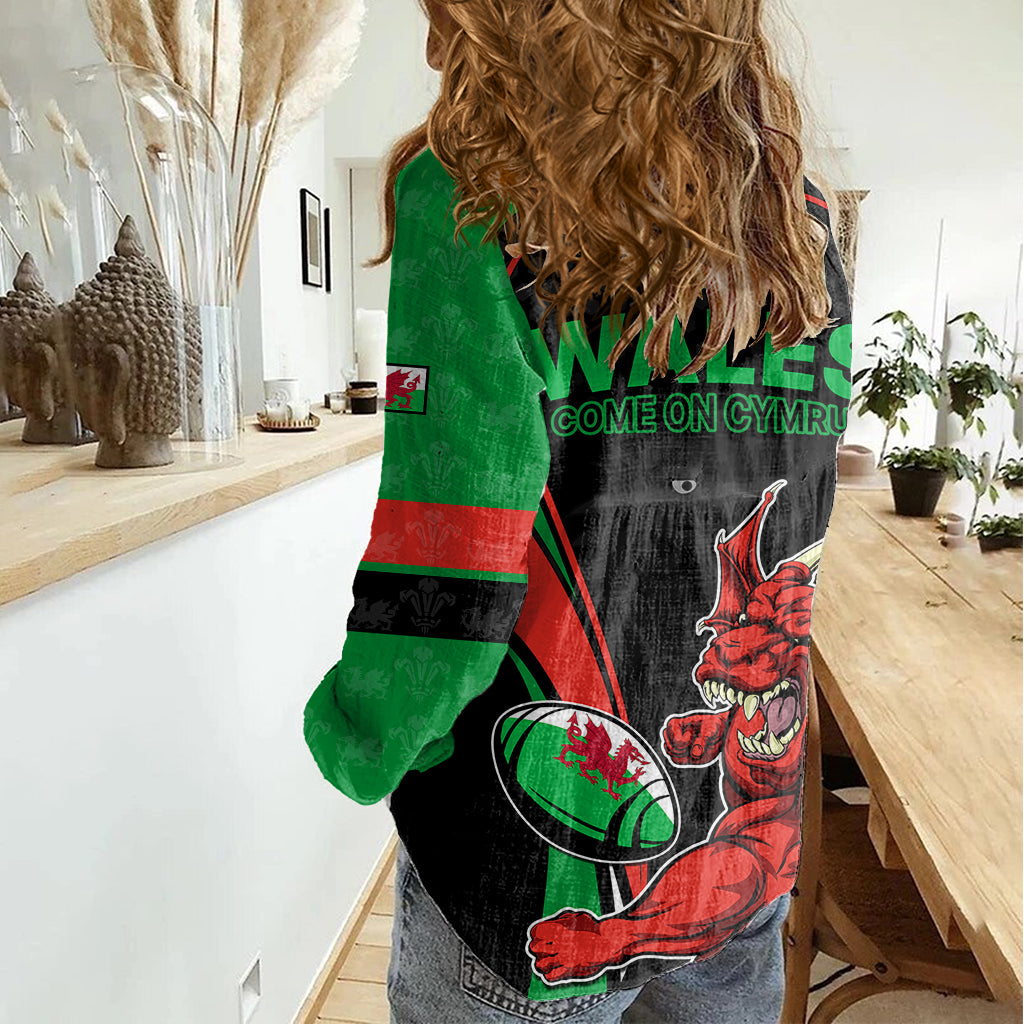 Wales Rugby Women Casual Shirt World Cup 2023 Dragon Mascot Come On Cymru - Wonder Print Shop