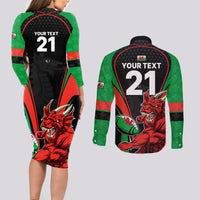 Custom Wales Rugby Couples Matching Long Sleeve Bodycon Dress and Long Sleeve Button Shirts World Cup 2023 Dragon Mascot Come On Cymru LT9 - Wonder Print Shop