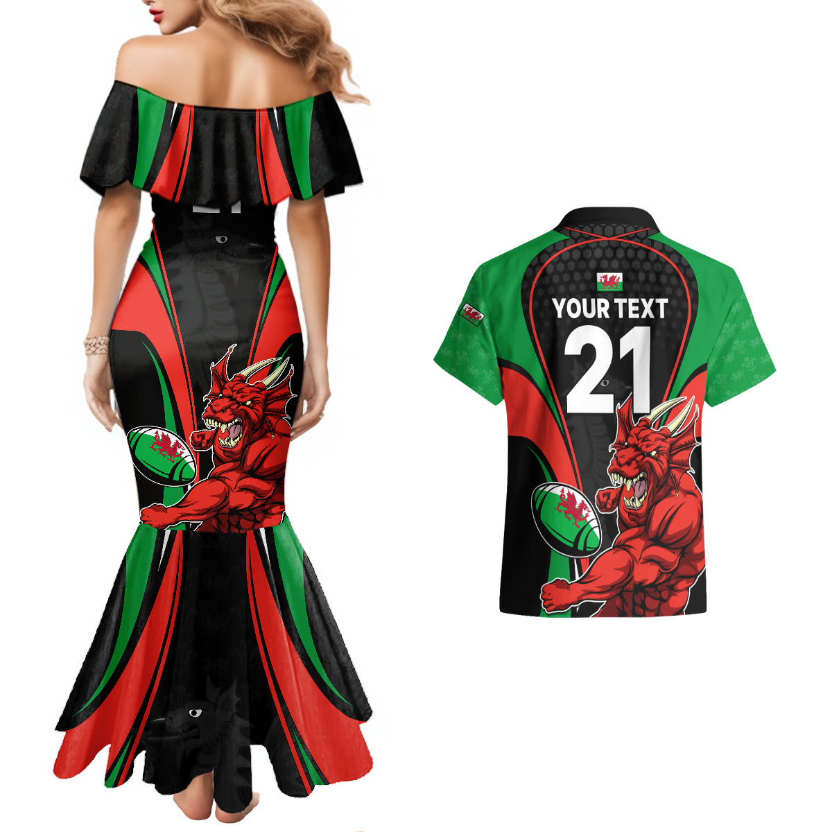 Custom Wales Rugby Couples Matching Mermaid Dress and Hawaiian Shirt World Cup 2023 Dragon Mascot Come On Cymru LT9 - Wonder Print Shop