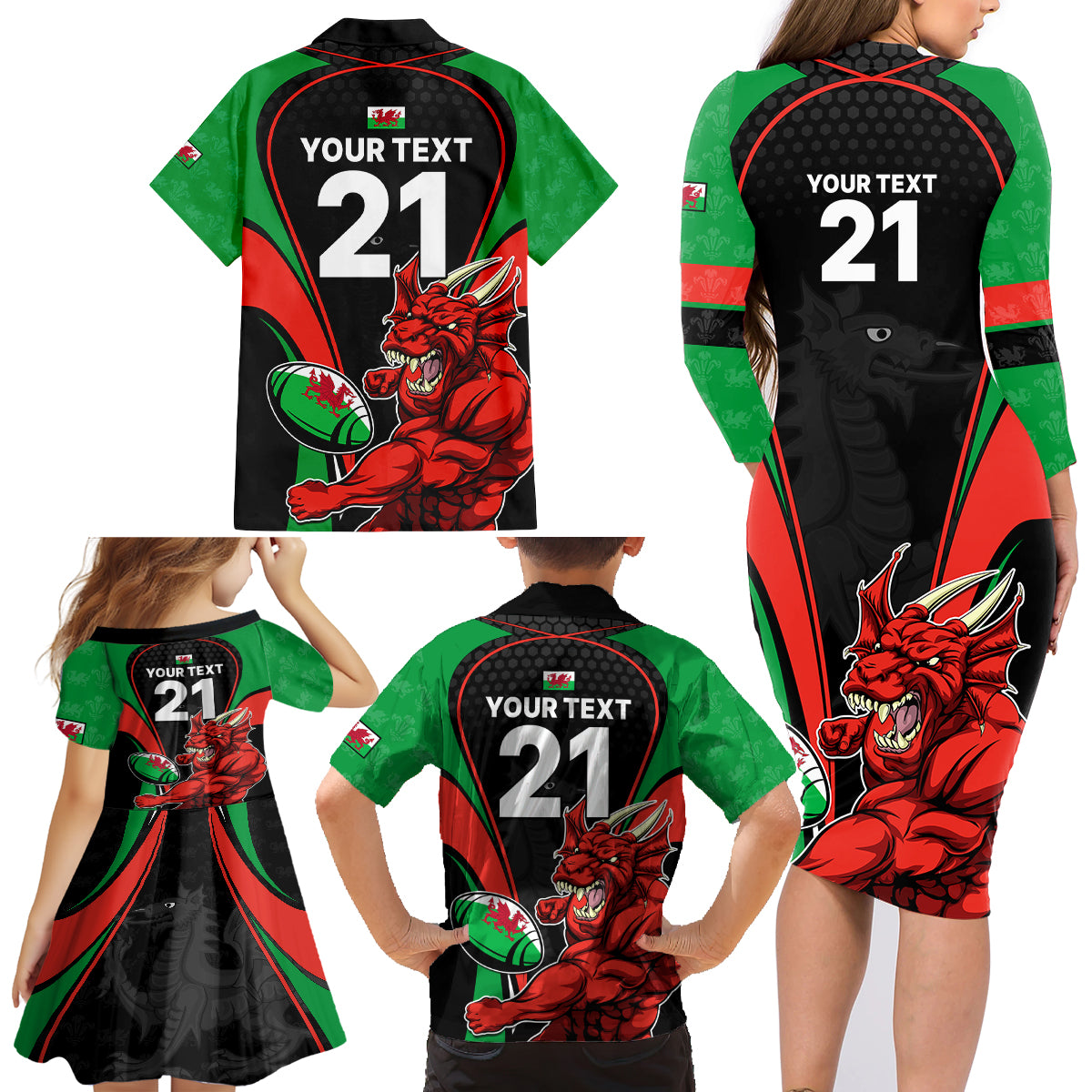 Custom Wales Rugby Family Matching Long Sleeve Bodycon Dress and Hawaiian Shirt World Cup 2023 Dragon Mascot Come On Cymru LT9 - Wonder Print Shop