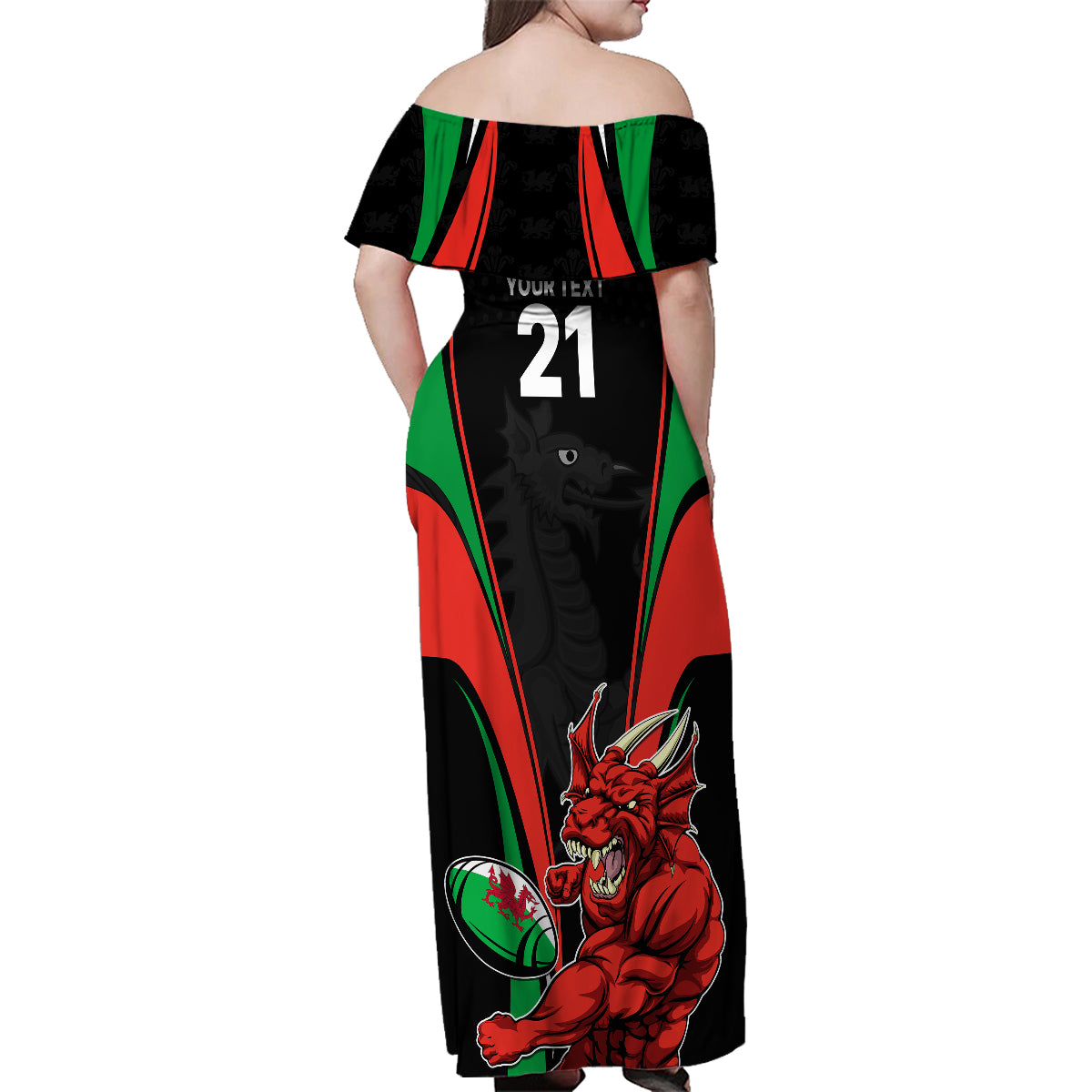 Custom Wales Rugby Family Matching Off Shoulder Maxi Dress and Hawaiian Shirt World Cup 2023 Dragon Mascot Come On Cymru LT9 - Wonder Print Shop