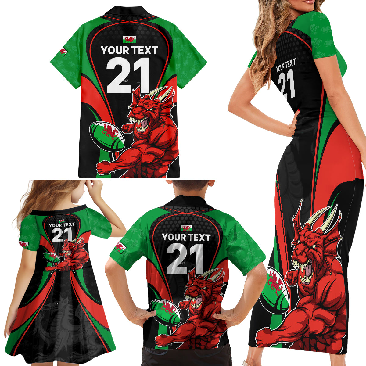 Custom Wales Rugby Family Matching Short Sleeve Bodycon Dress and Hawaiian Shirt World Cup 2023 Dragon Mascot Come On Cymru - Wonder Print Shop