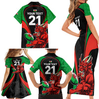 Custom Wales Rugby Family Matching Short Sleeve Bodycon Dress and Hawaiian Shirt World Cup 2023 Dragon Mascot Come On Cymru - Wonder Print Shop