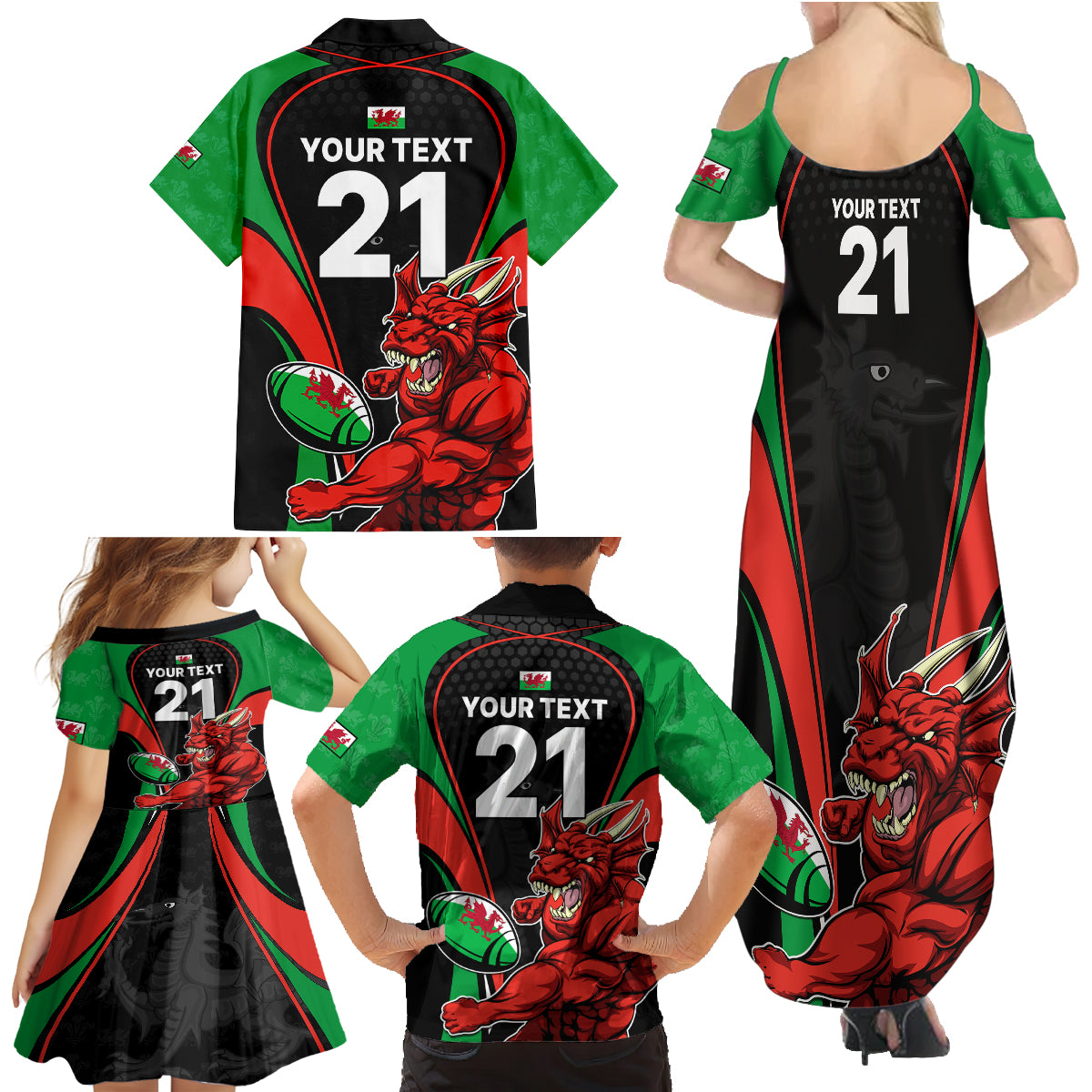 Custom Wales Rugby Family Matching Summer Maxi Dress and Hawaiian Shirt World Cup 2023 Dragon Mascot Come On Cymru - Wonder Print Shop