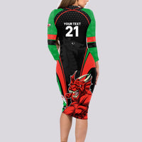 Custom Wales Rugby Long Sleeve Bodycon Dress World Cup 2023 Dragon Mascot Come On Cymru - Wonder Print Shop