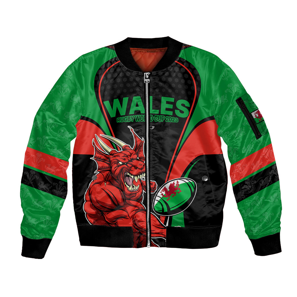 Custom Wales Rugby Sleeve Zip Bomber Jacket World Cup 2023 Dragon Mascot Come On Cymru - Wonder Print Shop