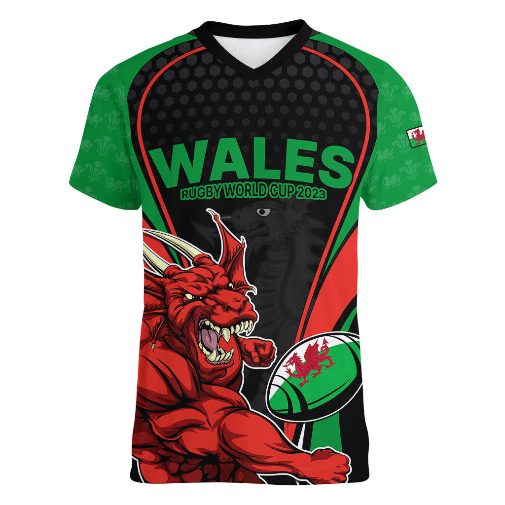 Custom Wales Rugby Women V Neck T Shirt World Cup 2023 Dragon Mascot Come On Cymru - Wonder Print Shop