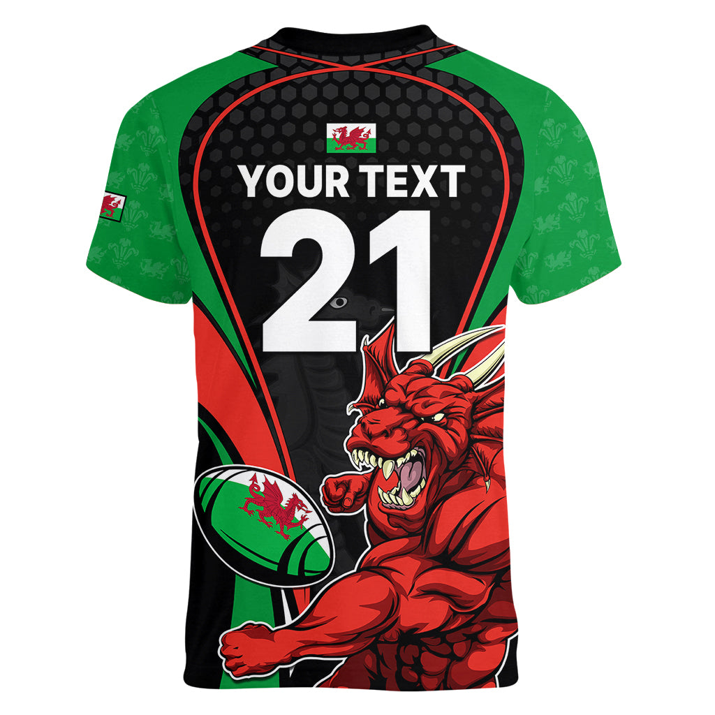 Custom Wales Rugby Women V Neck T Shirt World Cup 2023 Dragon Mascot Come On Cymru - Wonder Print Shop