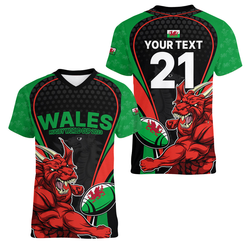 Custom Wales Rugby Women V Neck T Shirt World Cup 2023 Dragon Mascot Come On Cymru - Wonder Print Shop