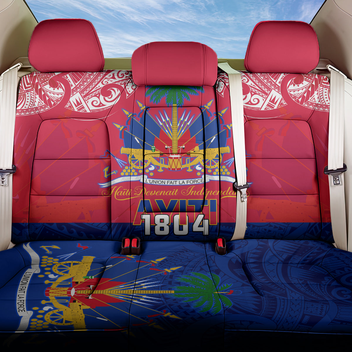 Haiti Independence Day Back Car Seat Cover Libete Egalite Fratenite Ayiti 1804 With Polynesian Pattern LT9 - Wonder Print Shop