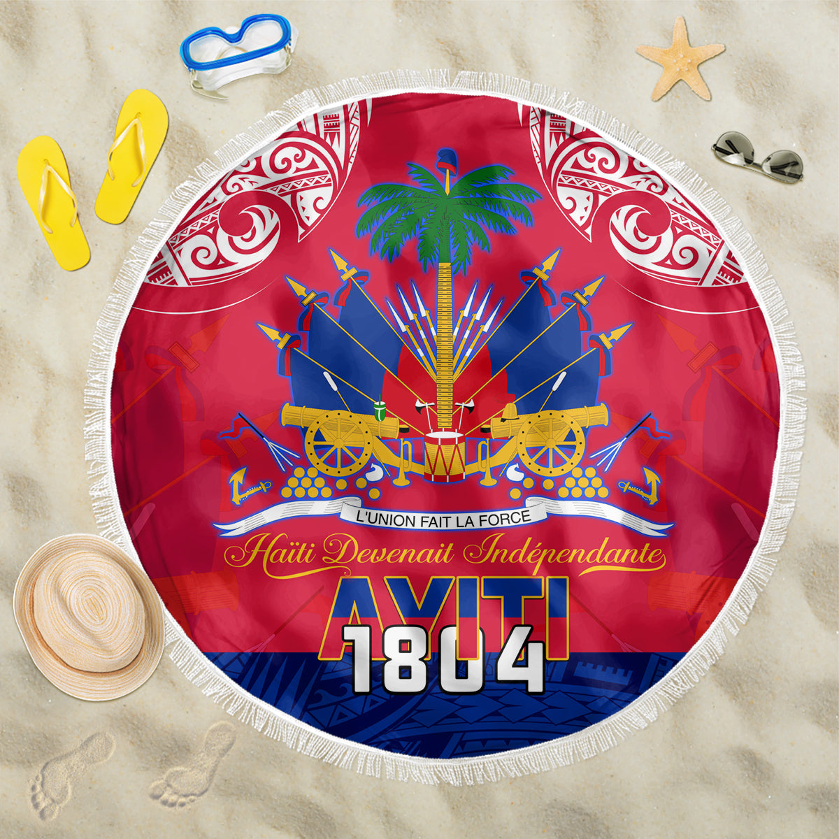 Haiti Independence Day Beach Blanket Libete Egalite Fratenite Ayiti 1804 With Polynesian Pattern LT9 - Wonder Print Shop