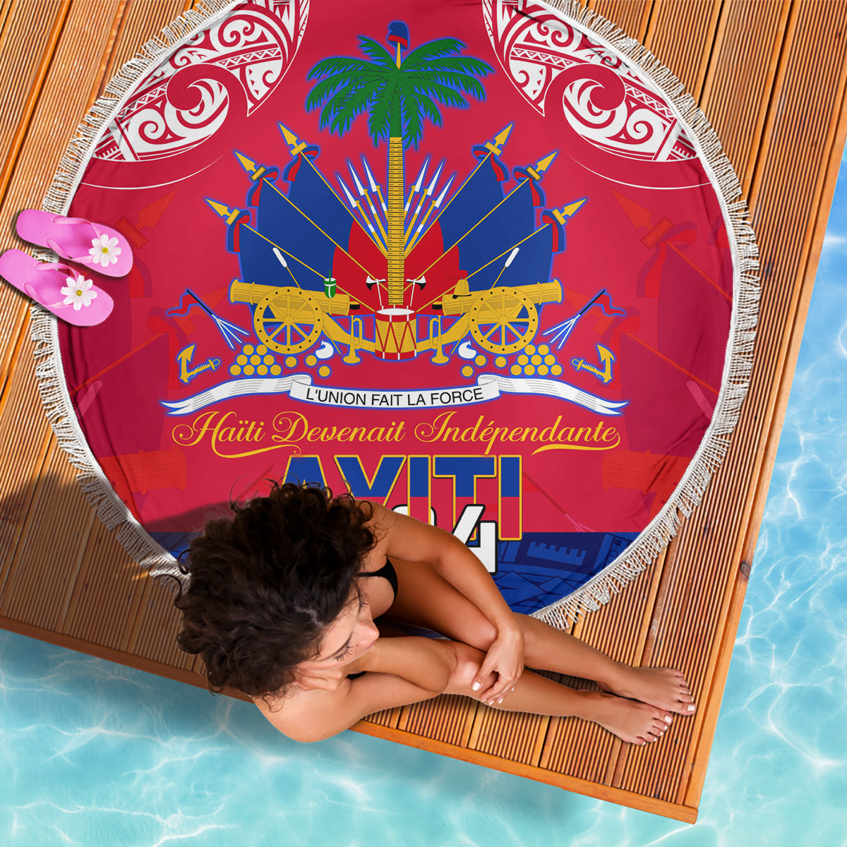 Haiti Independence Day Beach Blanket Libete Egalite Fratenite Ayiti 1804 With Polynesian Pattern LT9 - Wonder Print Shop