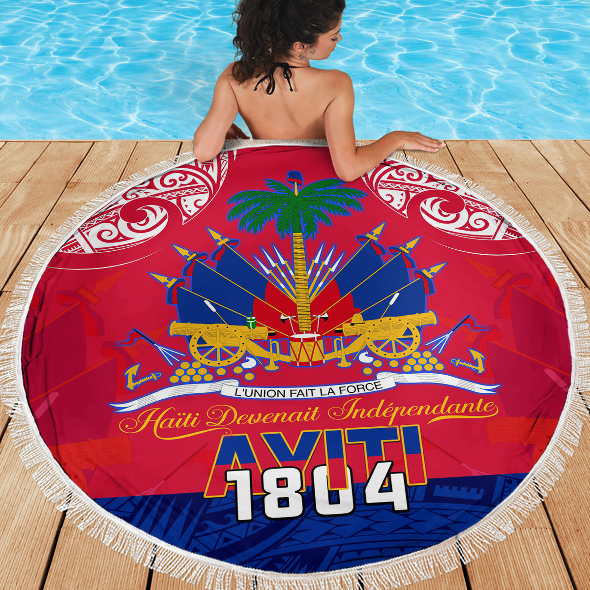 Haiti Independence Day Beach Blanket Libete Egalite Fratenite Ayiti 1804 With Polynesian Pattern LT9 - Wonder Print Shop