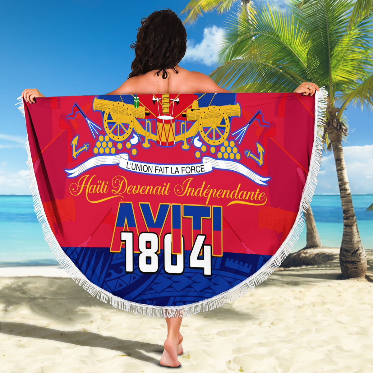 Haiti Independence Day Beach Blanket Libete Egalite Fratenite Ayiti 1804 With Polynesian Pattern LT9 - Wonder Print Shop