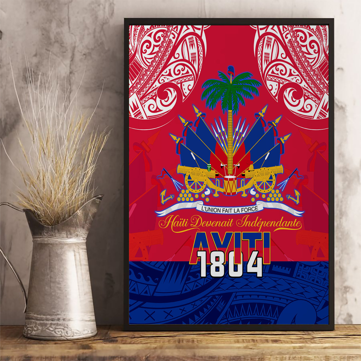 Haiti Independence Day Canvas Wall Art Libete Egalite Fratenite Ayiti 1804 With Polynesian Pattern LT9 - Wonder Print Shop