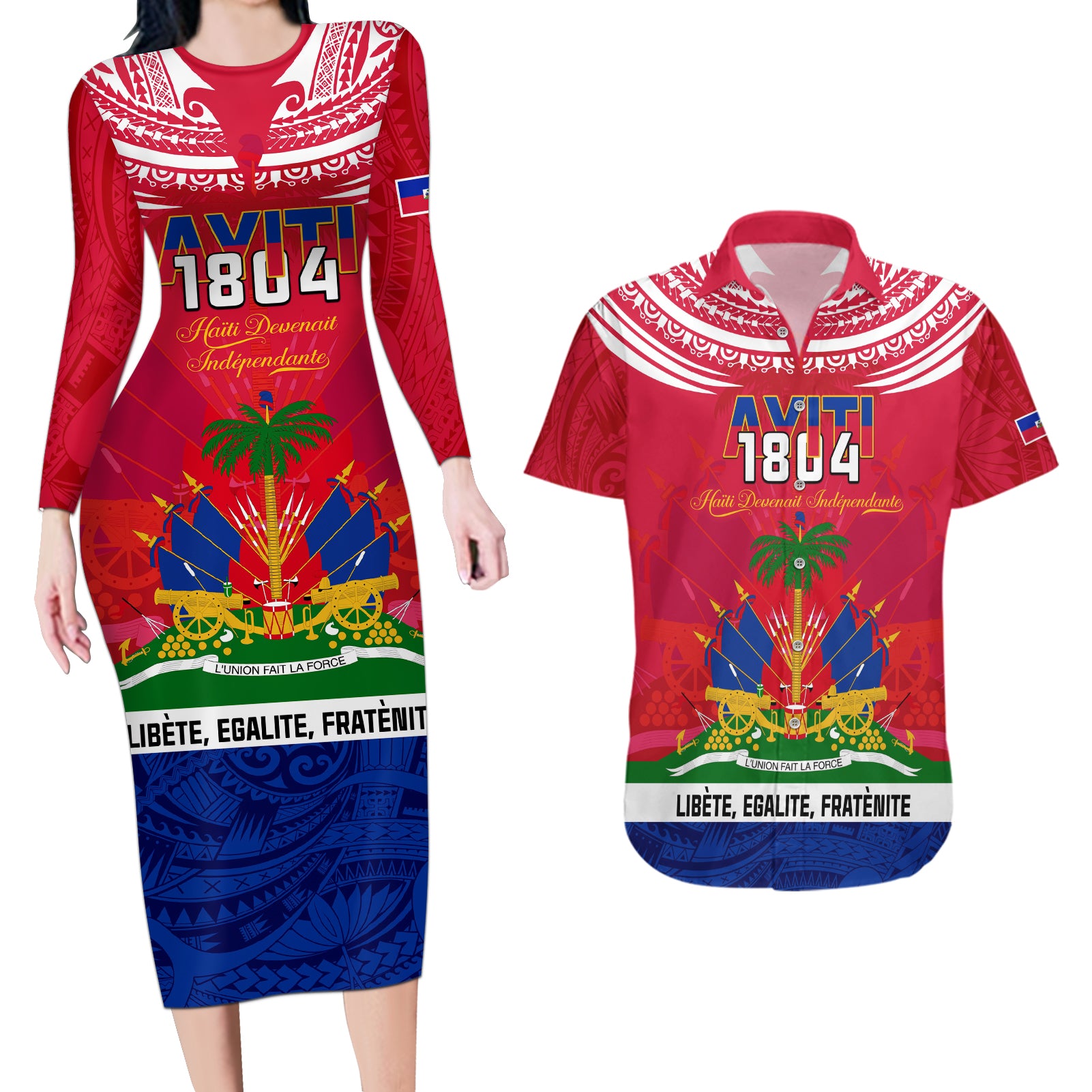 haiti-independence-day-couples-matching-long-sleeve-bodycon-dress-and-hawaiian-shirt-libete-egalite-fratenite-ayiti-1804-with-polynesian-pattern