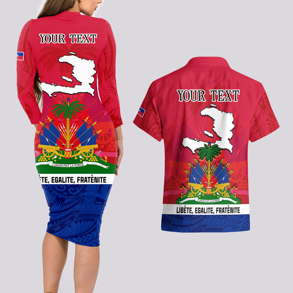 Haiti Independence Day Couples Matching Long Sleeve Bodycon Dress and Hawaiian Shirt Libete Egalite Fratenite Ayiti 1804 With Polynesian Pattern LT9 - Wonder Print Shop