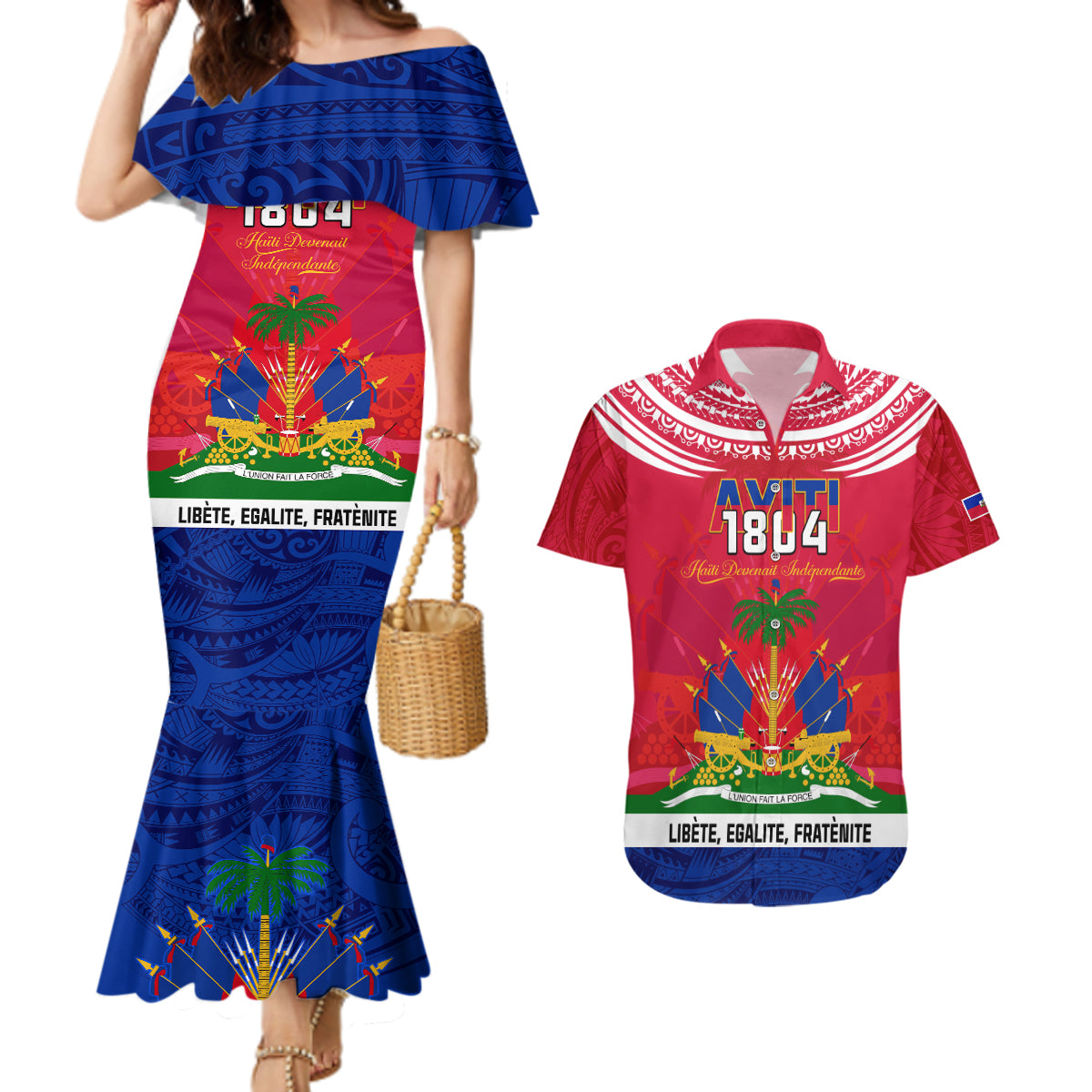 haiti-independence-day-couples-matching-mermaid-dress-and-hawaiian-shirt-libete-egalite-fratenite-ayiti-1804-with-polynesian-pattern