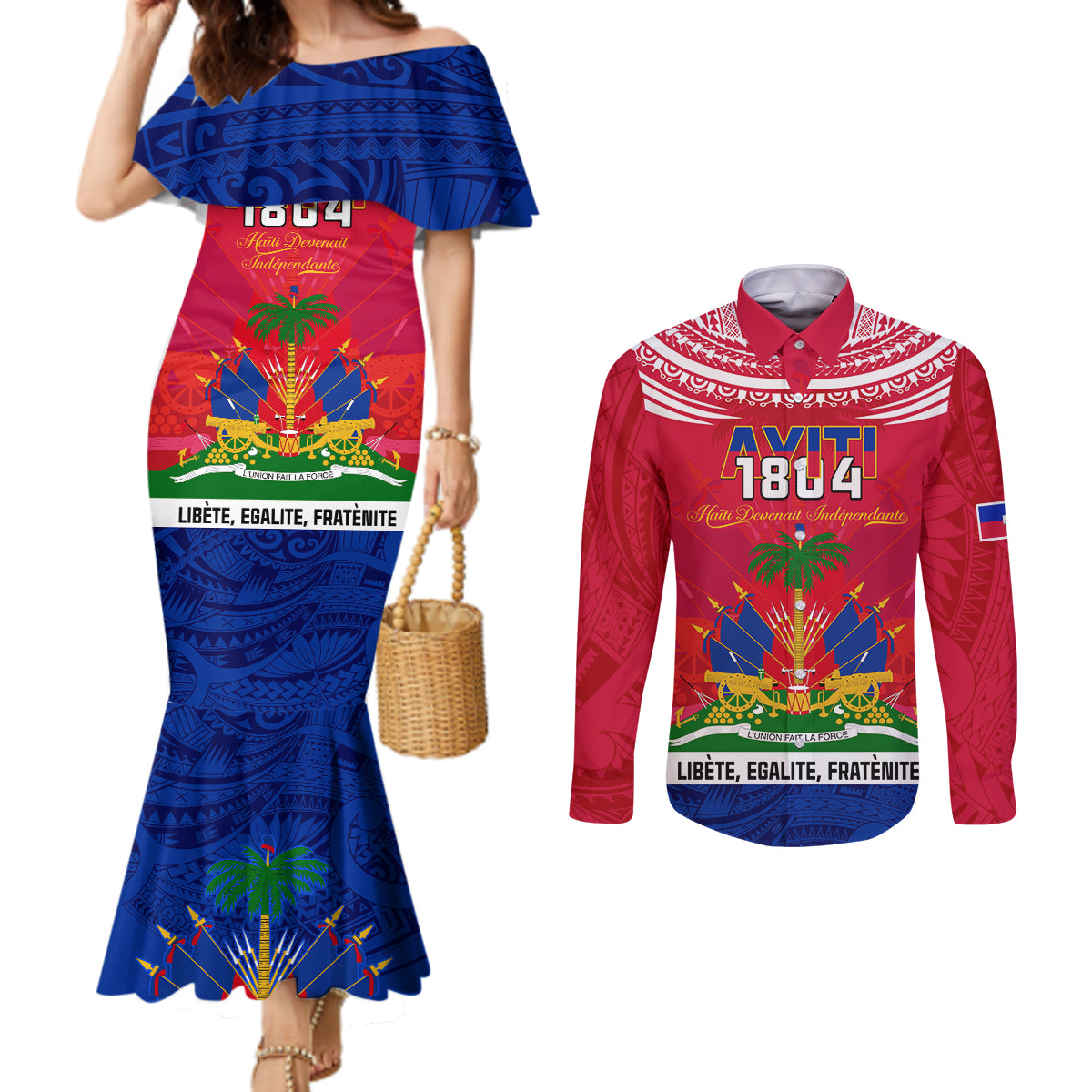 haiti-independence-day-couples-matching-mermaid-dress-and-long-sleeve-button-shirt-libete-egalite-fratenite-ayiti-1804-with-polynesian-pattern