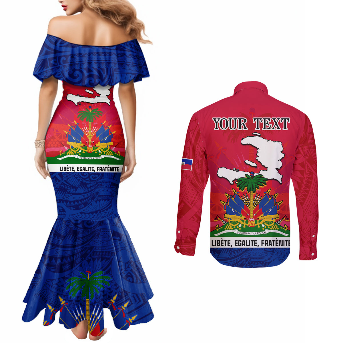 haiti-independence-day-couples-matching-mermaid-dress-and-long-sleeve-button-shirt-libete-egalite-fratenite-ayiti-1804-with-polynesian-pattern