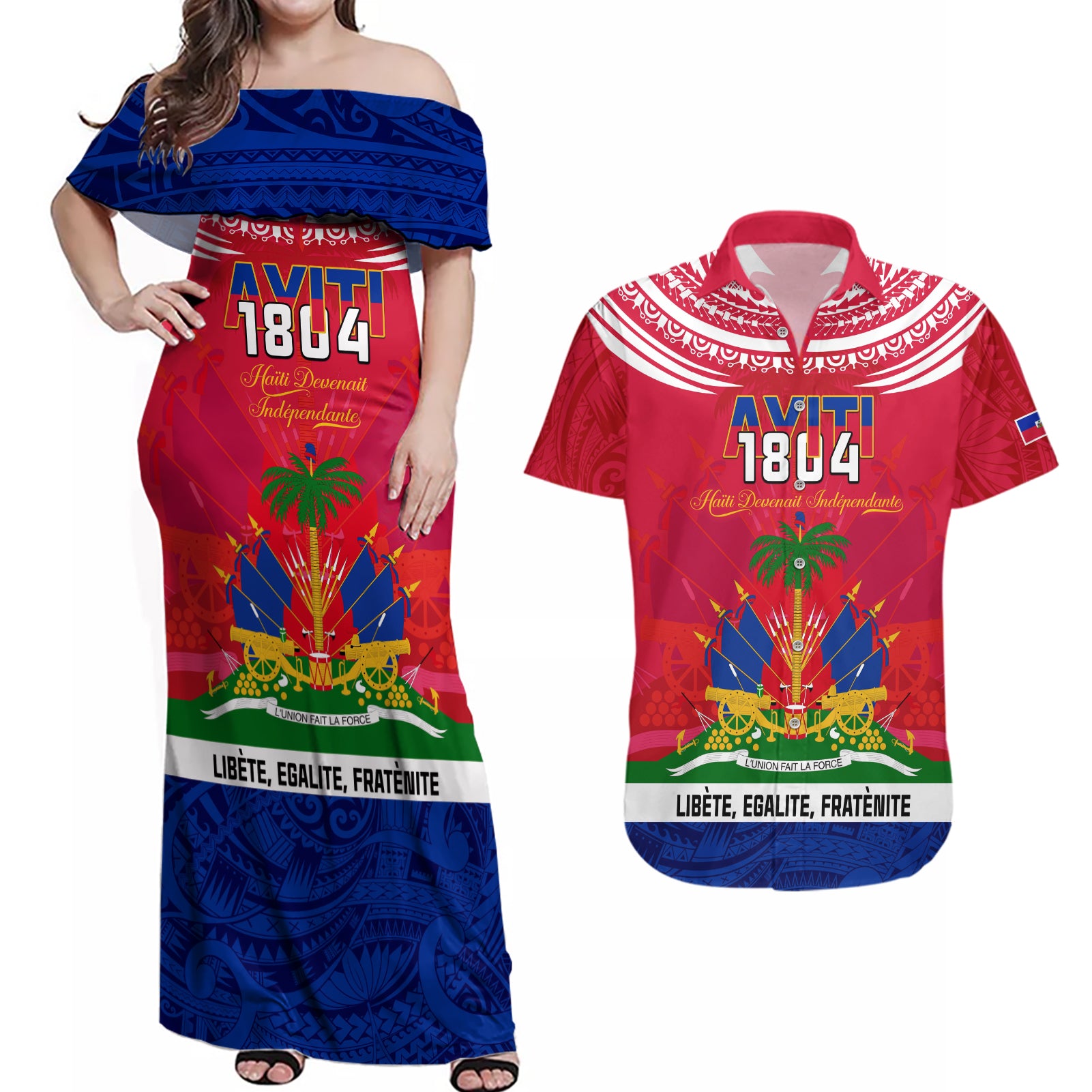 haiti-independence-day-couples-matching-off-shoulder-maxi-dress-and-hawaiian-shirt-libete-egalite-fratenite-ayiti-1804-with-polynesian-pattern