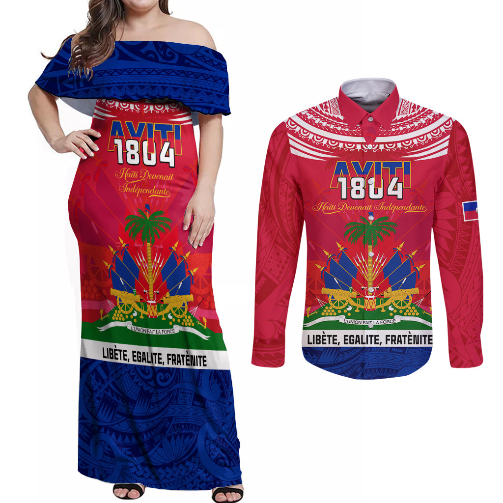 haiti-independence-day-couples-matching-off-shoulder-maxi-dress-and-long-sleeve-button-shirt-libete-egalite-fratenite-ayiti-1804-with-polynesian-pattern