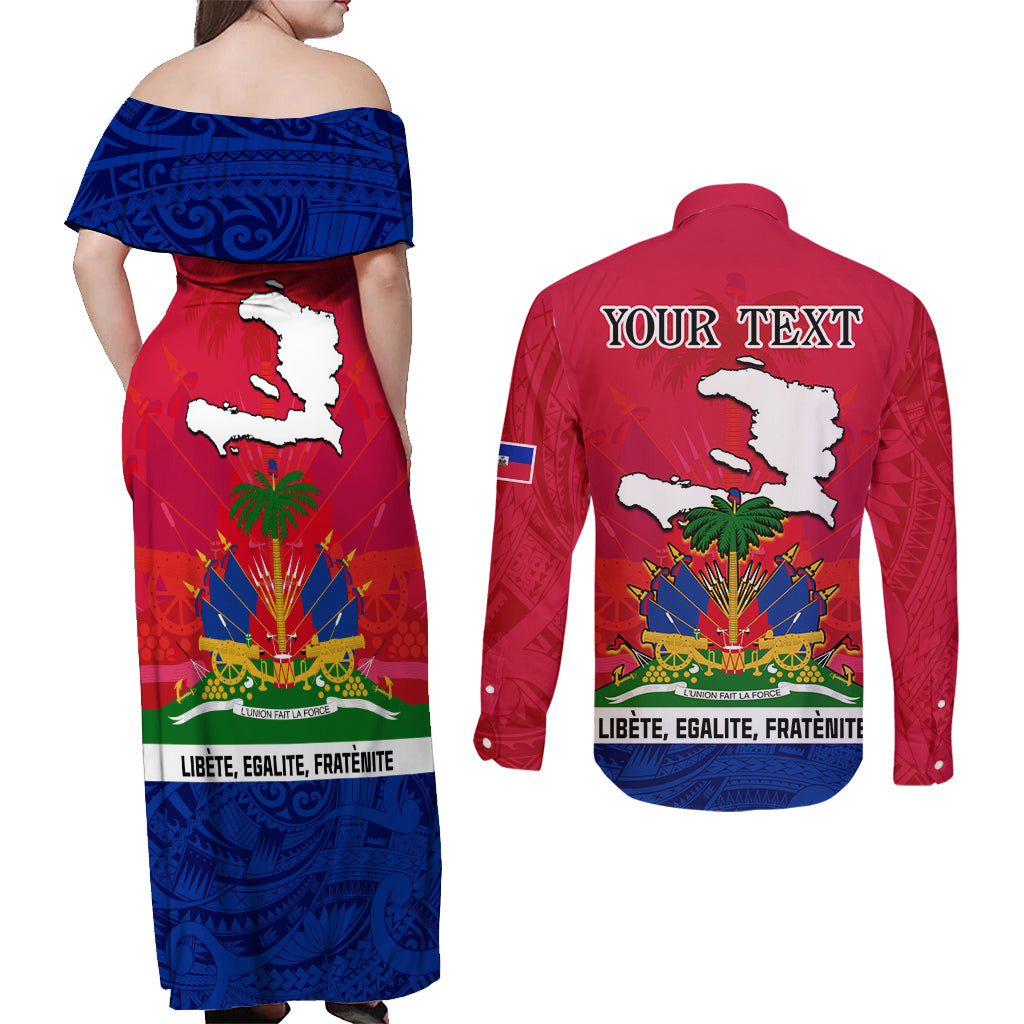Haiti Independence Day Couples Matching Off Shoulder Maxi Dress and Long Sleeve Button Shirt Libete Egalite Fratenite Ayiti 1804 With Polynesian Pattern LT9 - Wonder Print Shop