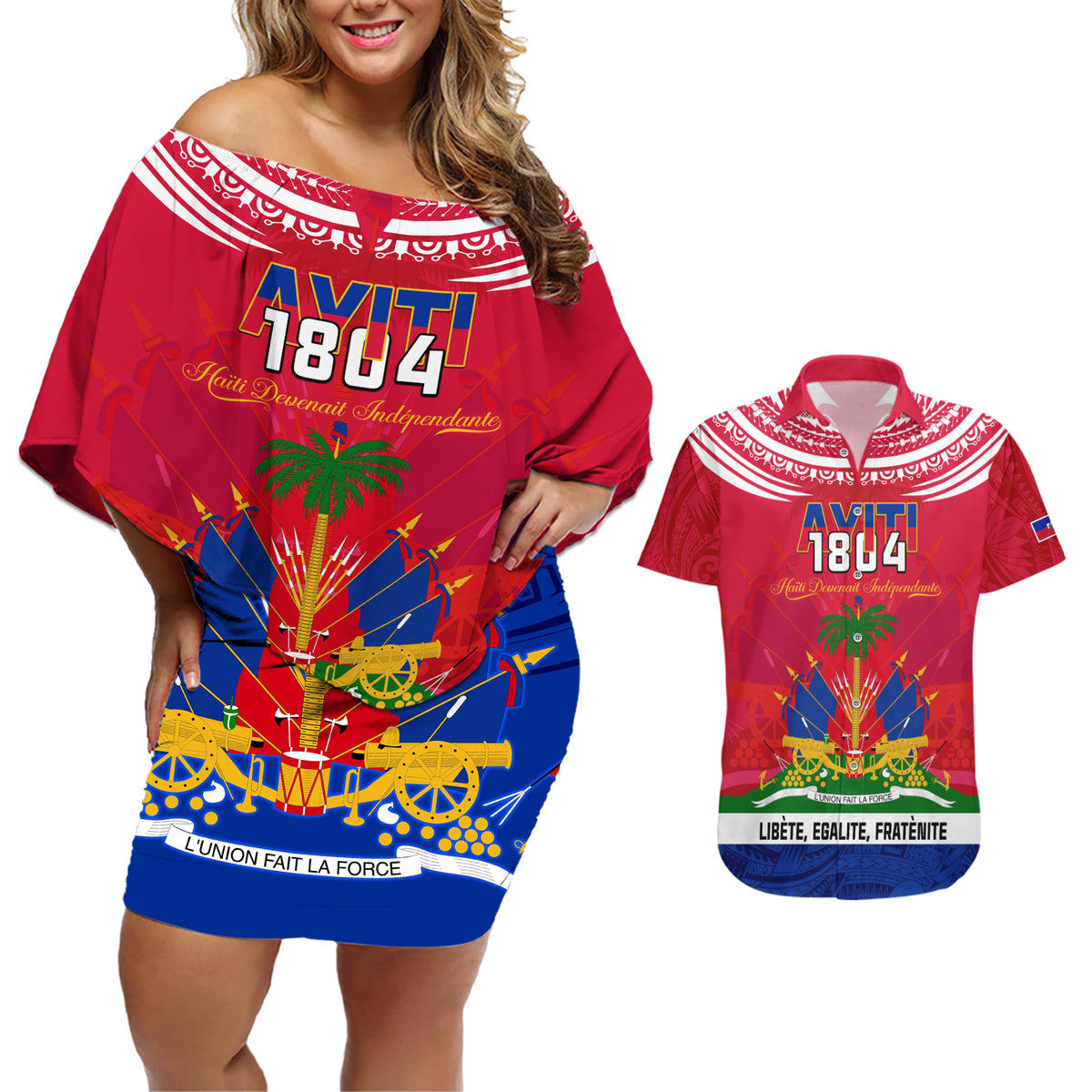 Haiti Independence Day Couples Matching Off Shoulder Short Dress and Hawaiian Shirt Libete Egalite Fratenite Ayiti 1804 With Polynesian Pattern LT9 - Wonder Print Shop