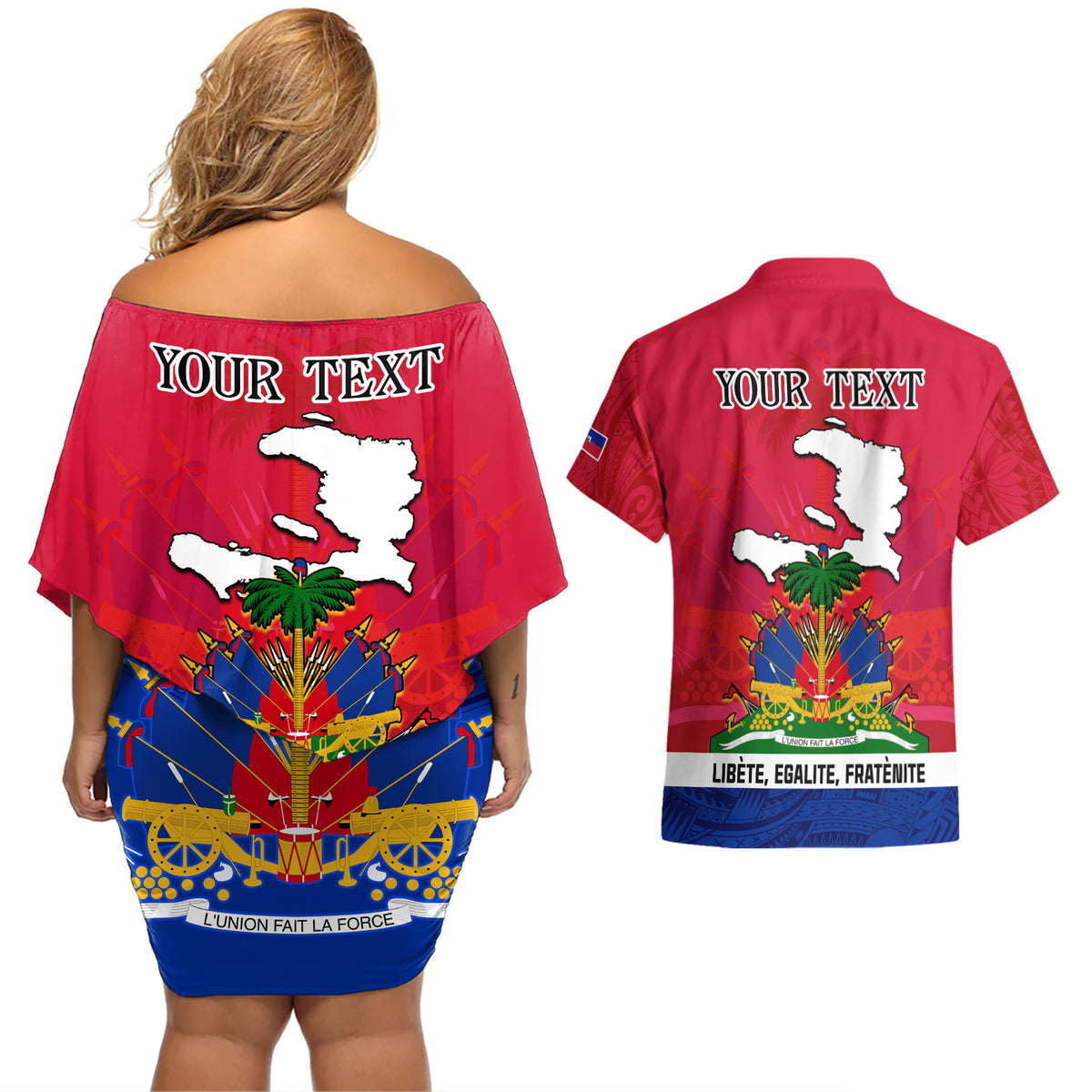 Haiti Independence Day Couples Matching Off Shoulder Short Dress and Hawaiian Shirt Libete Egalite Fratenite Ayiti 1804 With Polynesian Pattern LT9 - Wonder Print Shop