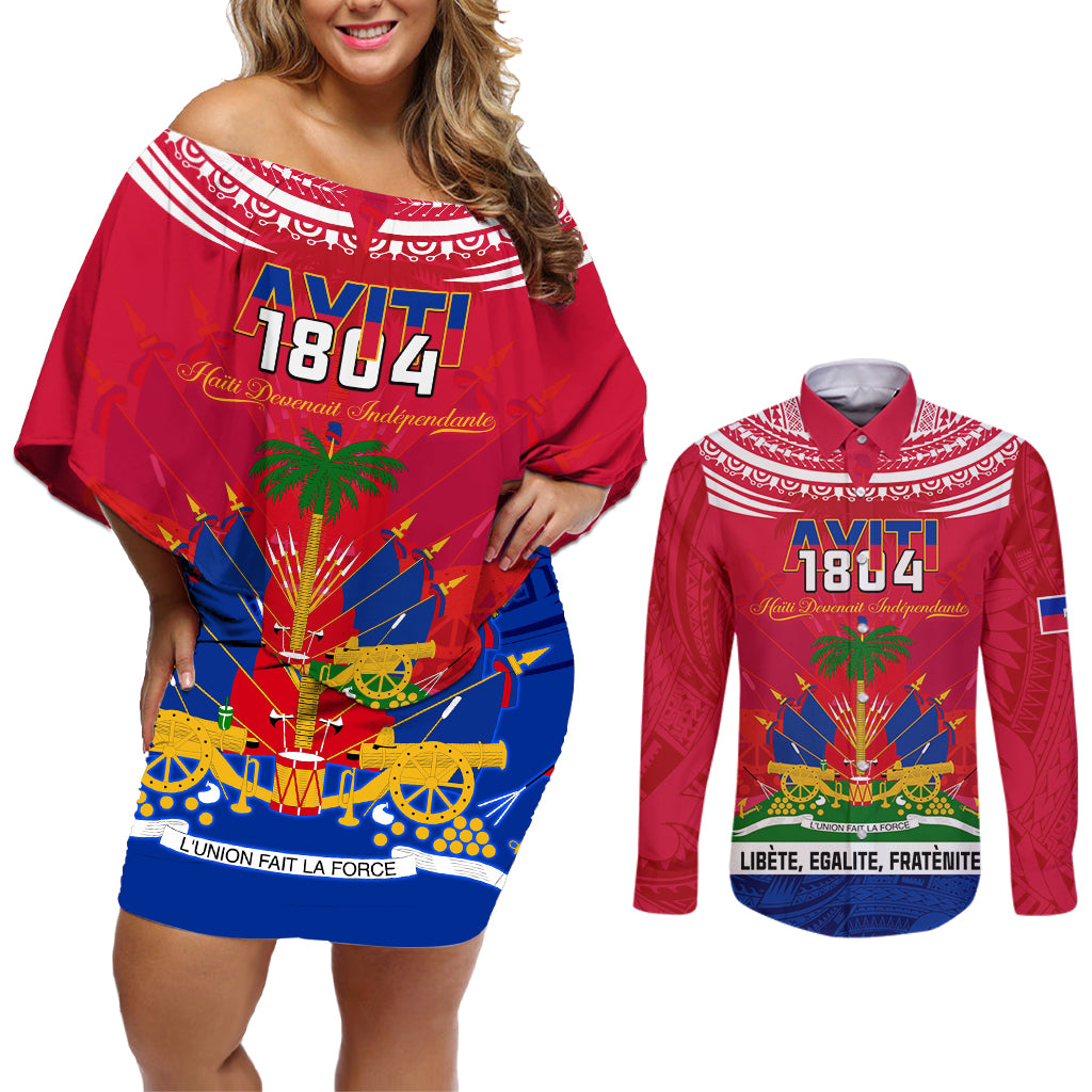 Haiti Independence Day Couples Matching Off Shoulder Short Dress and Long Sleeve Button Shirt Libete Egalite Fratenite Ayiti 1804 With Polynesian Pattern LT9 - Wonder Print Shop