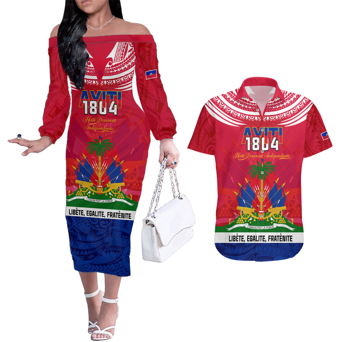 Haiti Independence Day Couples Matching Off The Shoulder Long Sleeve Dress and Hawaiian Shirt Libete Egalite Fratenite Ayiti 1804 With Polynesian Pattern LT9 - Wonder Print Shop