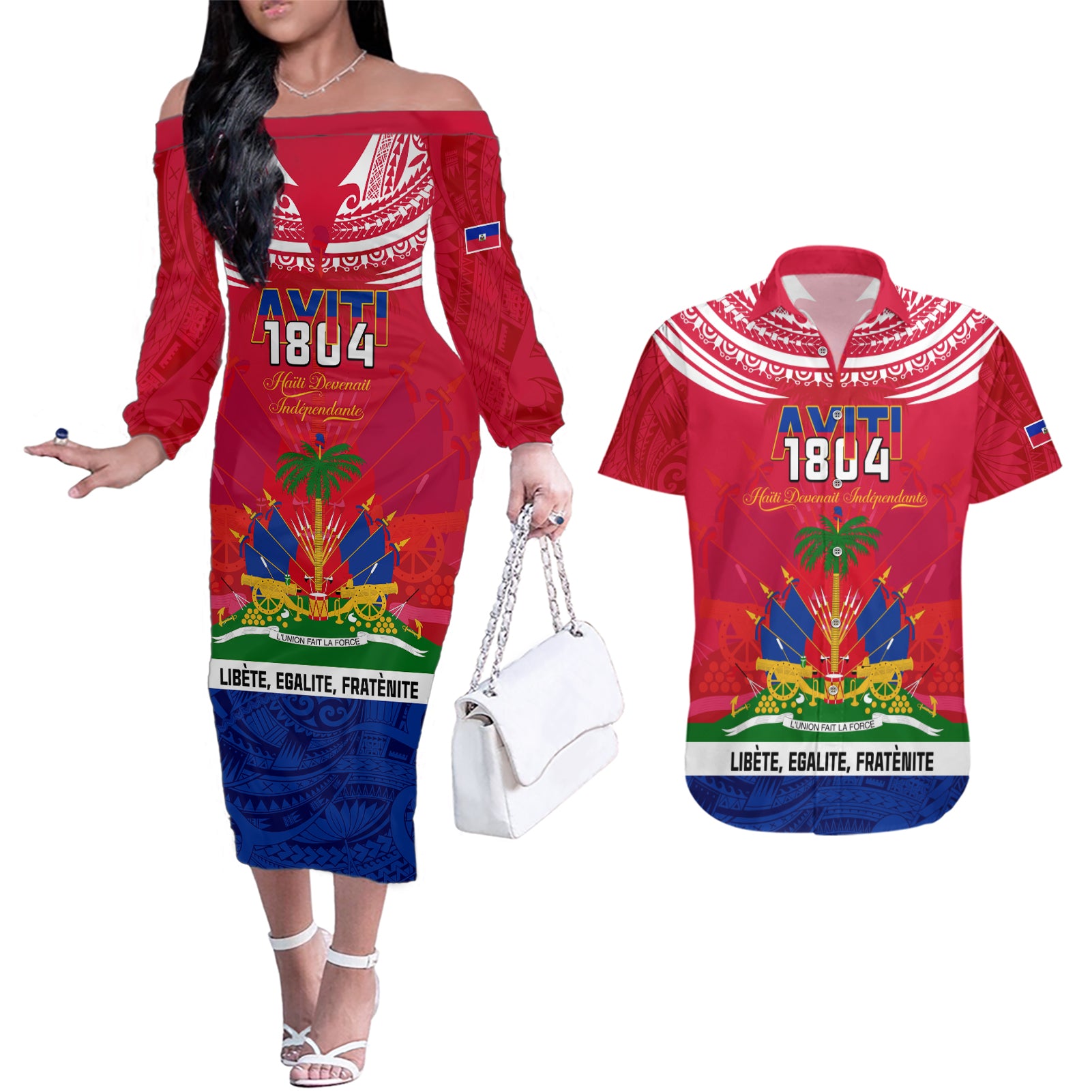 haiti-independence-day-couples-matching-off-the-shoulder-long-sleeve-dress-and-hawaiian-shirt-libete-egalite-fratenite-ayiti-1804-with-polynesian-pattern