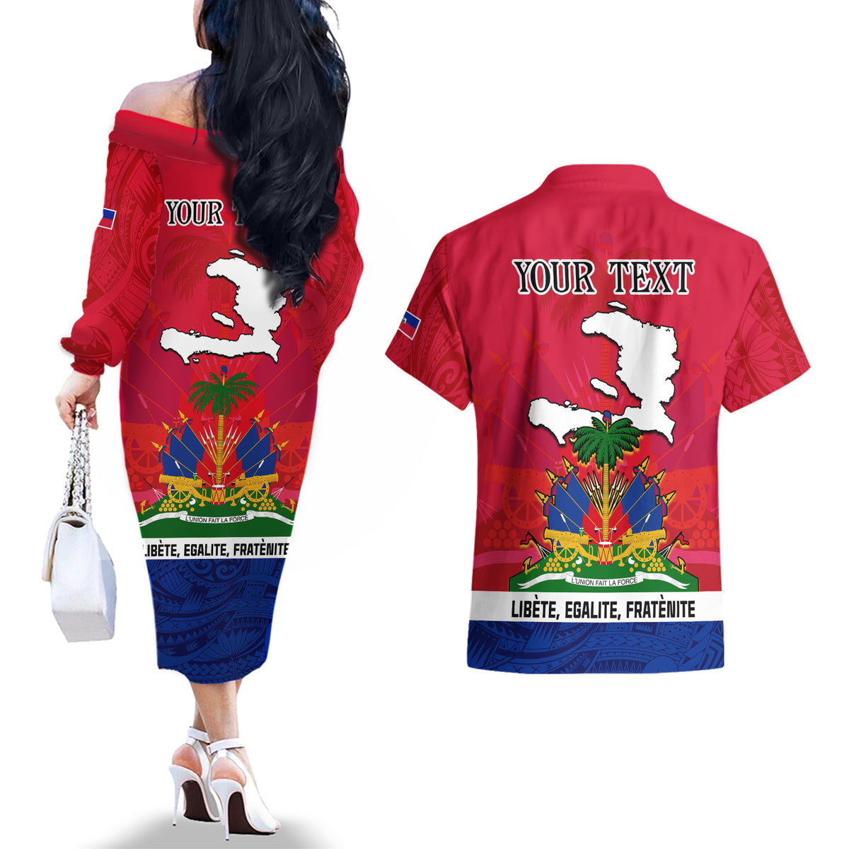 Haiti Independence Day Couples Matching Off The Shoulder Long Sleeve Dress and Hawaiian Shirt Libete Egalite Fratenite Ayiti 1804 With Polynesian Pattern LT9 - Wonder Print Shop