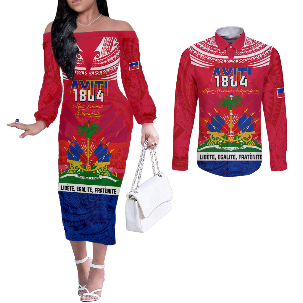haiti-independence-day-couples-matching-off-the-shoulder-long-sleeve-dress-and-long-sleeve-button-shirt-libete-egalite-fratenite-ayiti-1804-with-polynesian-pattern