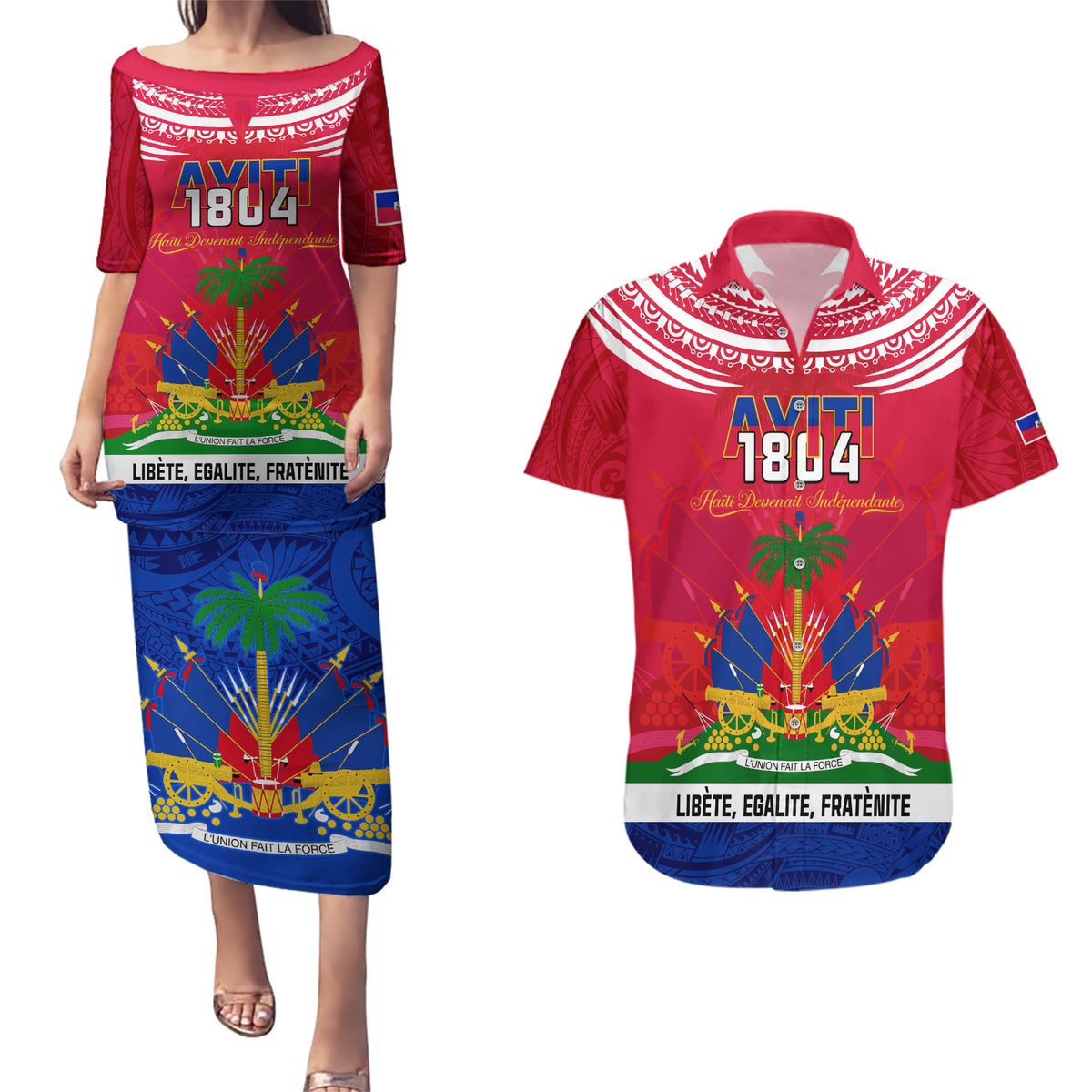 Haiti Independence Day Couples Matching Puletasi Dress and Hawaiian Shirt Libete Egalite Fratenite Ayiti 1804 With Polynesian Pattern LT9 - Wonder Print Shop