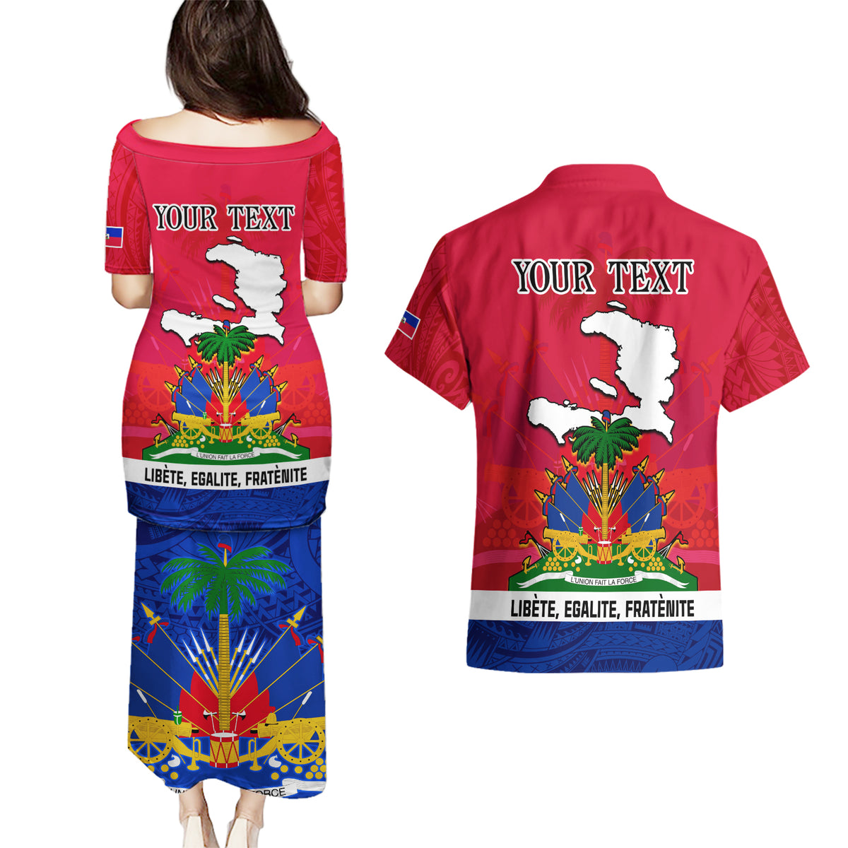 Haiti Independence Day Couples Matching Puletasi Dress and Hawaiian Shirt Libete Egalite Fratenite Ayiti 1804 With Polynesian Pattern LT9 - Wonder Print Shop