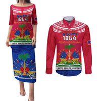 Haiti Independence Day Couples Matching Puletasi Dress and Long Sleeve Button Shirt Libete Egalite Fratenite Ayiti 1804 With Polynesian Pattern LT9 - Wonder Print Shop