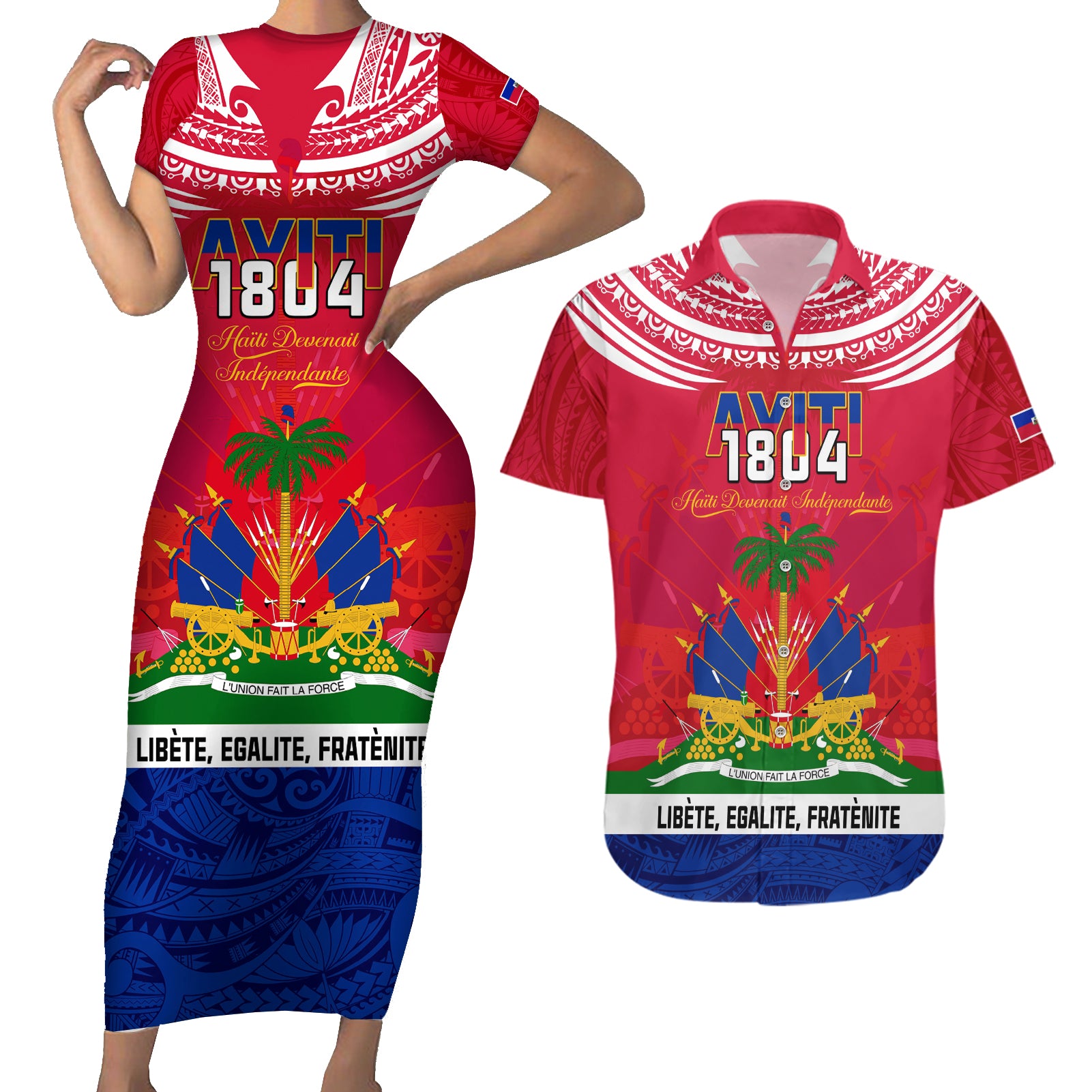 haiti-independence-day-couples-matching-short-sleeve-bodycon-dress-and-hawaiian-shirt-libete-egalite-fratenite-ayiti-1804-with-polynesian-pattern
