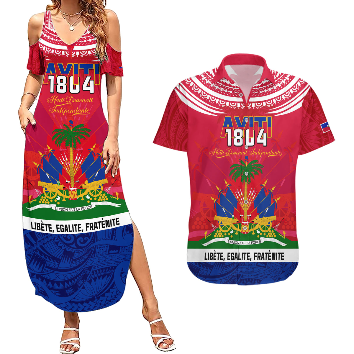 Haiti Independence Day Couples Matching Summer Maxi Dress and Hawaiian Shirt Libete Egalite Fratenite Ayiti 1804 With Polynesian Pattern LT9 - Wonder Print Shop
