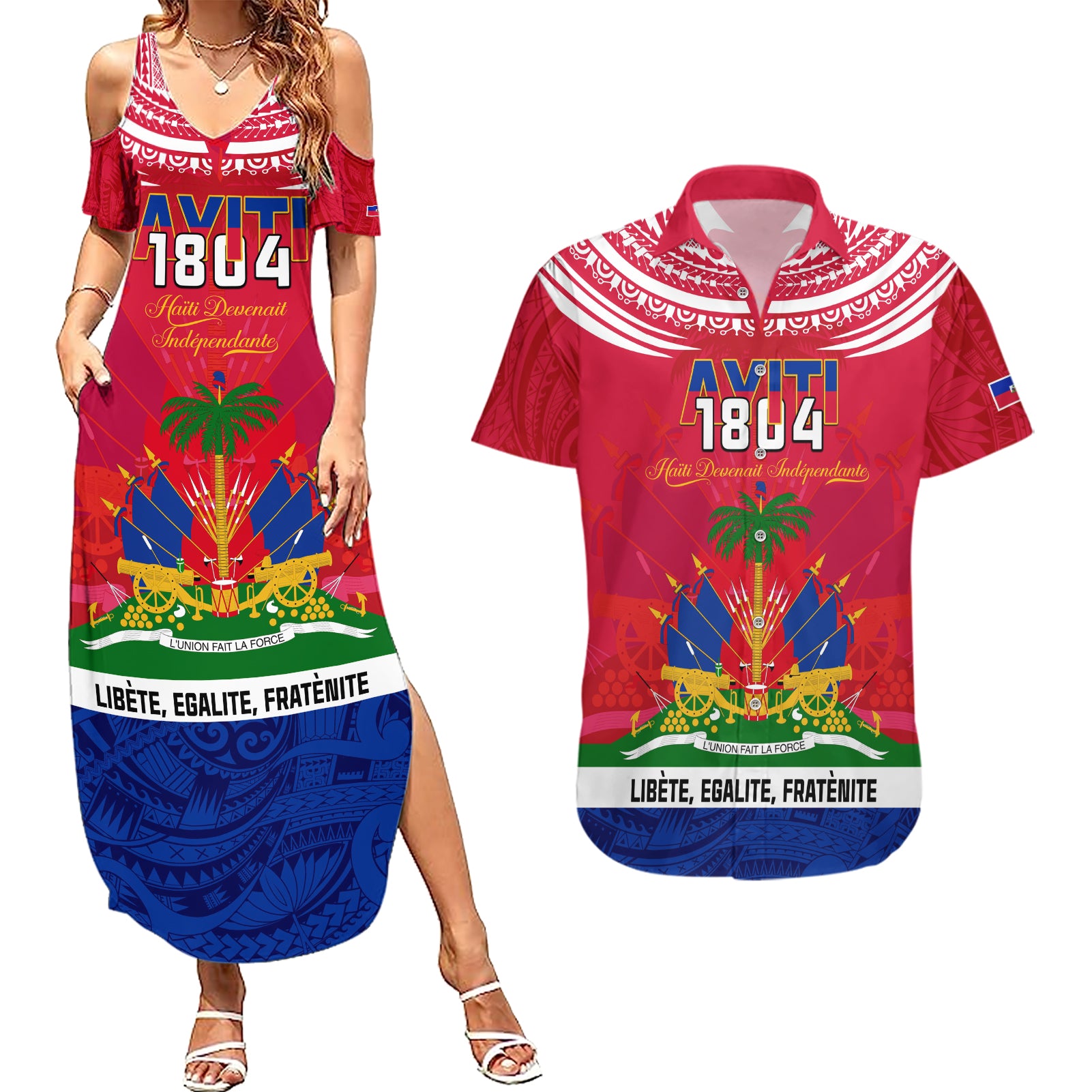 haiti-independence-day-couples-matching-summer-maxi-dress-and-hawaiian-shirt-libete-egalite-fratenite-ayiti-1804-with-polynesian-pattern