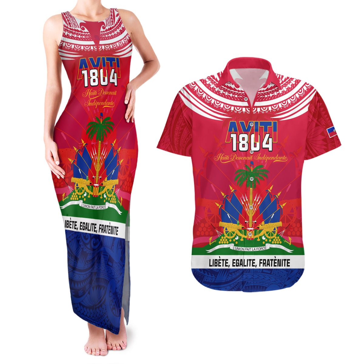 Haiti Independence Day Couples Matching Tank Maxi Dress and Hawaiian Shirt Libete Egalite Fratenite Ayiti 1804 With Polynesian Pattern LT9 - Wonder Print Shop