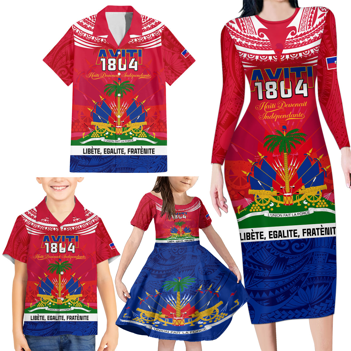 haiti-independence-day-family-matching-long-sleeve-bodycon-dress-and-hawaiian-shirt-libete-egalite-fratenite-ayiti-1804-with-polynesian-pattern