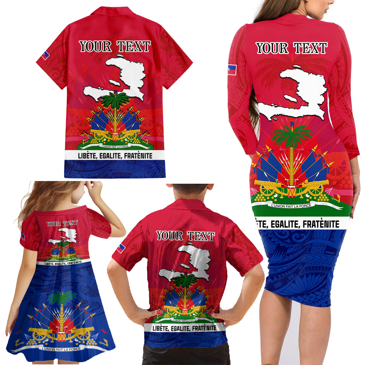 Haiti Independence Day Family Matching Long Sleeve Bodycon Dress and Hawaiian Shirt Libete Egalite Fratenite Ayiti 1804 With Polynesian Pattern LT9 - Wonder Print Shop