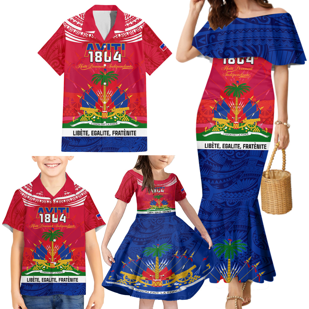 haiti-independence-day-family-matching-mermaid-dress-and-hawaiian-shirt-libete-egalite-fratenite-ayiti-1804-with-polynesian-pattern