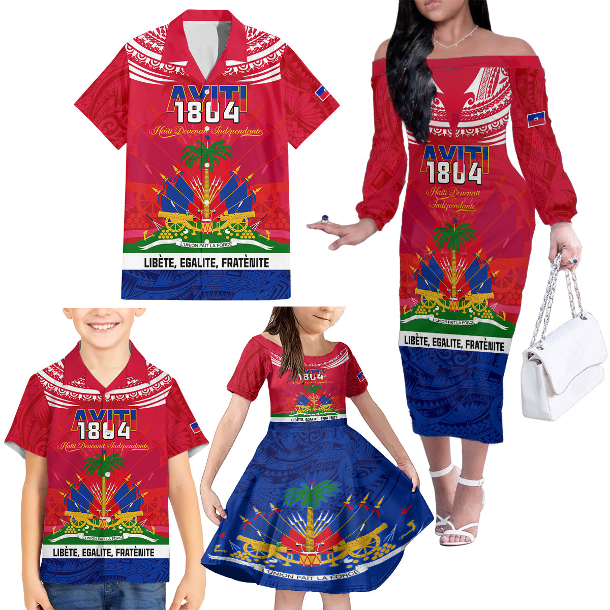 Haiti Independence Day Family Matching Off Shoulder Long Sleeve Dress and Hawaiian Shirt Libete Egalite Fratenite Ayiti 1804 With Polynesian Pattern - Wonder Print Shop